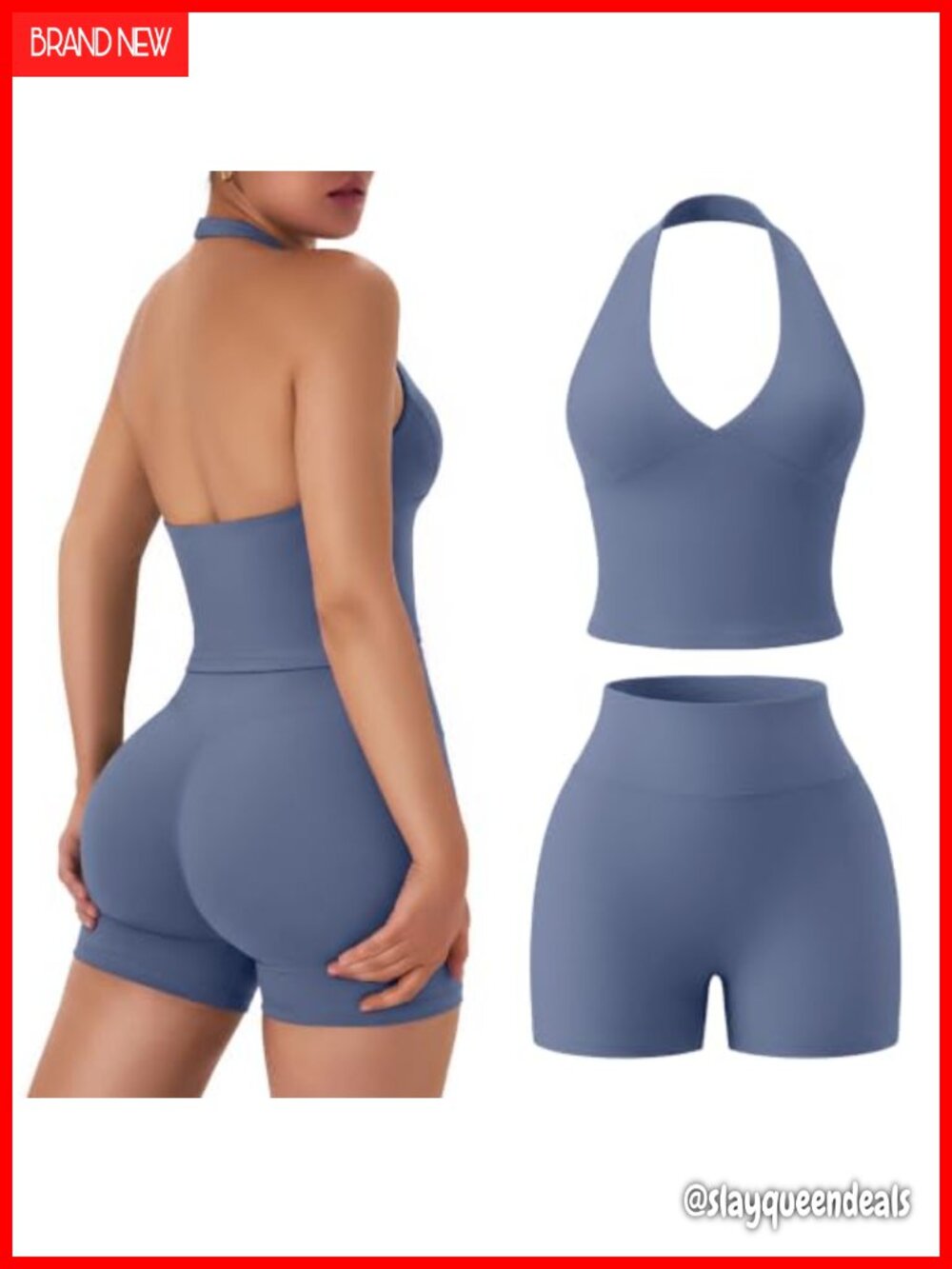 Workout Set Halter V Neck Crop Top High Waist Booty Shorts 2 Piece Activewear